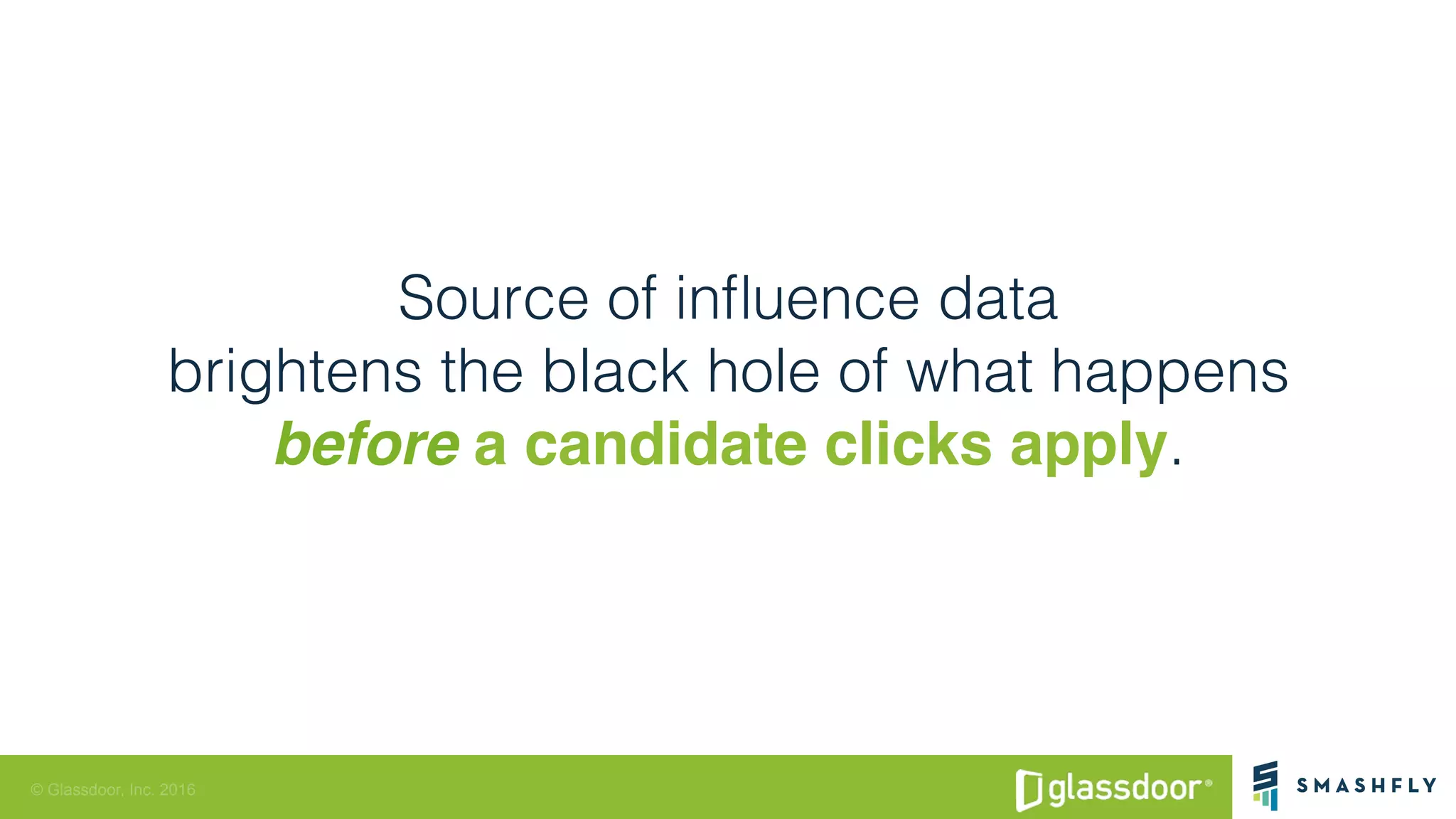 © Glassdoor, Inc. 2016
Source of inﬂuence data!
brightens the black hole of what happens!
before a candidate clicks apply.!
 