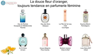 La douce fleur d’oranger,
toujours tendance en parfumerie féminine
Eau de Rochas
Escapade en Méditerranée
Rochas
Air Di Gioia
Armani
La Fille de l’air eau
d’été
Courrèges
Equinox Bloom
Penhaligons
Eau des Sens
Diptyque
Acqua Allegoria
Pera Granita
Bonbon couture
Viktor & Rolf
Love Story EDT
Chloé
 