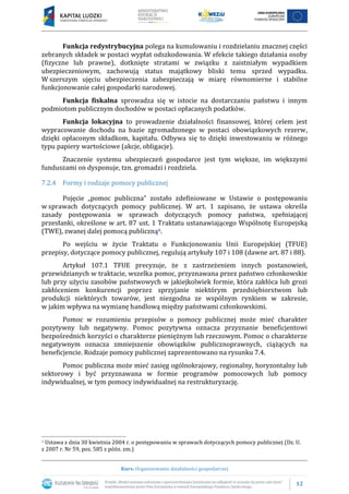 12
Kurs: Organizowanie działalności gospodarczej
Funkcja redystrybucyjna polega na kumulowaniu i rozdzielaniu znacznej części
zebranych składek w postaci wypłat odszkodowania. W efekcie takiego działania osoby
(fizyczne lub prawne), dotknięte stratami w związku z zaistniałym wypadkiem
ubezpieczeniowym, zachowują status majątkowy bliski temu sprzed wypadku.
W szerszym ujęciu ubezpieczenia zabezpieczają w miarę równomierne i stabilne
funkcjonowanie całej gospodarki narodowej.
Funkcja fiskalna sprowadza się w istocie na dostarczaniu państwu i innym
podmiotom publicznym dochodów w postaci opłacanych podatków.
Funkcja lokacyjna to prowadzenie działalności finansowej, której celem jest
wypracowanie dochodu na bazie zgromadzonego w postaci obowiązkowych rezerw,
dzięki opłaconym składkom, kapitału. Odbywa się to dzięki inwestowaniu w różnego
typu papiery wartościowe (akcje, obligacje).
Znaczenie systemu ubezpieczeń gospodarce jest tym większe, im większymi
funduszami on dysponuje, tzn. gromadzi i rozdziela.
7.2.4 Formy i rodzaje pomocy publicznej
Pojęcie „pomoc publiczna” zostało zdefiniowane w Ustawie o postępowaniu
w sprawach dotyczących pomocy publicznej. W art. 1 zapisano, że ustawa określa
zasady postępowania w sprawach dotyczących pomocy państwa, spełniającej
przesłanki, określone w art. 87 ust. 1 Traktatu ustanawiającego Wspólnotę Europejską
(TWE), zwanej dalej pomocą publiczną6.
Po wejściu w życie Traktatu o Funkcjonowaniu Unii Europejskiej (TFUE)
przepisy, dotyczące pomocy publicznej, regulują artykuły 107 i 108 (dawne art. 87 i 88).
Artykuł 107.1 TFUE precyzuje, że z zastrzeżeniem innych postanowień,
przewidzianych w traktacie, wszelka pomoc, przyznawana przez państwo członkowskie
lub przy użyciu zasobów państwowych w jakiejkolwiek formie, która zakłóca lub grozi
zakłóceniem konkurencji poprzez sprzyjanie niektórym przedsiębiorstwom lub
produkcji niektórych towarów, jest niezgodna ze wspólnym rynkiem w zakresie,
w jakim wpływa na wymianę handlową między państwami członkowskimi.
Pomoc w rozumieniu przepisów o pomocy publicznej może mieć charakter
pozytywny lub negatywny. Pomoc pozytywna oznacza przyznanie beneficjentowi
bezpośrednich korzyści o charakterze pieniężnym lub rzeczowym. Pomoc o charakterze
negatywnym oznacza zmniejszenie obowiązków publicznoprawnych, ciążących na
beneficjencie. Rodzaje pomocy publicznej zaprezentowano na rysunku 7.4.
Pomoc publiczna może mieć zasięg ogólnokrajowy, regionalny, horyzontalny lub
sektorowy i być przyznawana w formie programów pomocowych lub pomocy
indywidualnej, w tym pomocy indywidualnej na restrukturyzację.
6 Ustawa z dnia 30 kwietnia 2004 r. o postępowaniu w sprawach dotyczących pomocy publicznej (Dz. U.
z 2007 r. Nr 59, poz. 585 z późn. zm.)
 