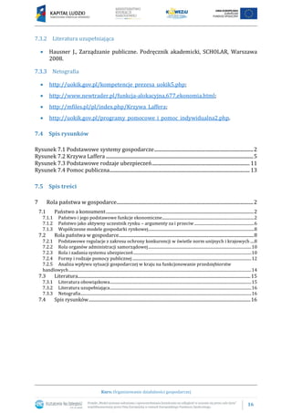 16
Kurs: Organizowanie działalności gospodarczej
7.3.2 Literatura uzupełniająca
 Hausner J., Zarządzanie publiczne. Podręcznik akademicki, SCHOLAR, Warszawa
2008.
7.3.3 Netografia
 http://uokik.gov.pl/kompetencje_prezesa_uokik5.php;
 http://www.newtrader.pl/funkcja-alokacyjna,677,ekonomia.html;
 http://mfiles.pl/pl/index.php/Krzywa_Laffera;
 http://uokik.gov.pl/programy_pomocowe_i_pomoc_indywidualna2.php.
7.4 Spis rysunków
Rysunek 7.1 Podstawowe systemy gospodarcze....................................................................................2
Rysunek 7.2 Krzywa Laffera .............................................................................................................................5
Rysunek 7.3 Podstawowe rodzaje ubezpieczeń...................................................................................11
Rysunek 7.4 Pomoc publiczna.......................................................................................................................13
7.5 Spis treści
7 Rola państwa w gospodarce....................................................................................................................2
7.1 Państwo a konsument.........................................................................................................................................2
7.1.1 Państwo i jego podstawowe funkcje ekonomiczne..............................................................................................2
7.1.2 Państwo jako aktywny uczestnik rynku – argumenty za i przeciw .............................................................6
7.1.3 Współczesne modele gospodarki rynkowej............................................................................................................8
7.2 Rola państwa w gospodarce.............................................................................................................................8
7.2.1 Podstawowe regulacje z zakresu ochrony konkurencji w świetle norm unijnych i krajowych ....8
7.2.2 Rola organów administracji samorządowej.........................................................................................................10
7.2.3 Rola i zadania systemu ubezpieczeń........................................................................................................................10
7.2.4 Formy i rodzaje pomocy publicznej .........................................................................................................................12
7.2.5 Analiza wpływu sytuacji gospodarczej w kraju na funkcjonowanie przedsiębiorstw
handlowych..........................................................................................................................................................................................14
7.3 Literatura................................................................................................................................................................15
7.3.1 Literatura obowiązkowa................................................................................................................................................15
7.3.2 Literatura uzupełniająca................................................................................................................................................16
7.3.3 Netografia..............................................................................................................................................................................16
7.4 Spis rysunków......................................................................................................................................................16
 