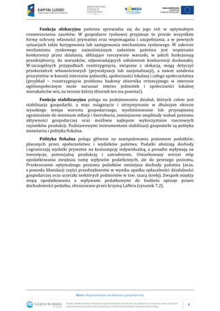 4
Kurs: Organizowanie działalności gospodarczej
Funkcja alokacyjna państwa sprowadza się do jego roli w optymalnym
rozmieszczeniu zasobów. W gospodarce rynkowej przyjmuje to przede wszystkim
formę ochrony własności prywatnej oraz wspomagania i uzupełniania, a w pewnych
sytuacjach także korygowania lub zastępowania mechanizmu rynkowego. W zakresie
mechanizmu rynkowego najważniejszym zadaniem państwa jest wspieranie
konkurencji przez działania, zbliżające rzeczywiste warunki, w jakich funkcjonują
przedsiębiorcy, do warunków, odpowiadających założeniom konkurencji doskonałej.
W szczególnych przypadkach rozstrzygnięcia, związane z alokacją, mogą dotyczyć
przekształceń własnościowych (prywatyzacji lub nacjonalizacji), a nawet ustalenia
priorytetów w kwestii interesów jednostki, społeczności lokalnej i całego społeczeństwa
(przykład – rozstrzygnięcie problemu budowy zbiornika retencyjnego w interesie
ogólnospołecznym może naruszać interes jednostek i społeczności lokalnej
mieszkańców wsi, na terenie której zbiornik ten ma powstać).
Funkcja stabilizacyjna polega na podejmowaniu działań, których celem jest
stabilizacja gospodarki, a więc osiągnięcie i utrzymywanie w dłuższym okresie
wysokiego tempa wzrostu gospodarczego, wyeliminowanie lub przynajmniej
ograniczenie do minimum inflacji i bezrobocia, zmniejszenie amplitudy wahań poziomu
aktywności gospodarczej oraz możliwie najlepsze wykorzystanie rzeczowych
czynników produkcji. Podstawowymi instrumentami stabilizacji gospodarki są polityka
monetarna i polityka fiskalna.
Polityka fiskalna polega głównie na manipulowaniu poziomem podatków,
płaconych przez społeczeństwo i wydatków państwa. Podatki obniżają dochody
i ograniczają wydatki prywatne na konsumpcję indywidualną, a ponadto wpływają na
inwestycje, potencjalną produkcję i zatrudnienie. Umiarkowany wzrost stóp
opodatkowania zwiększa sumę wpływów podatkowych, ale do pewnego poziomu.
Przekroczenie optymalnego poziomu podatków zmniejsza dochody państwa (m.in.
z powodu likwidacji części przedsiębiorstw w wyniku spadku opłacalności działalności
gospodarczej oraz ucieczki niektórych podmiotów w tzw. szarą strefę). Związek między
stopą opodatkowania a wpływami podatkowymi do budżetu opisuje prawo
dochodowości podatku, obrazowane przez krzywą Laffera (rysunek 7.2).
 