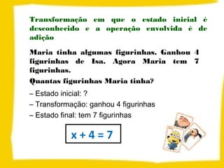 Transformação em que o estado inicial é
desconhecido e a operação envolvida é de
adição
Maria tinha algumas figurinhas. Ganhou 4
figurinhas de Isa. Agora Maria tem 7
figurinhas.
Quantas figurinhas Maria tinha?
– Estado inicial: ?
– Transformação: ganhou 4 figurinhas
– Estado final: tem 7 figurinhas
x + 4 = 7
 