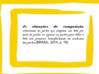 As situações de composição
relacionam as partes que compõem um todo por
ações de juntar ou separar as partes para obter o
todo sem promover transformação em nenhuma
das partes (BRASIL, 2014, p. 19).
 