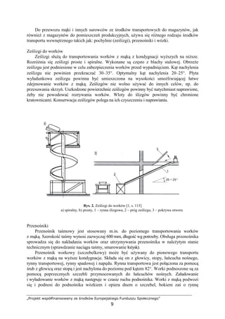 „Projekt współfinansowany ze środków Europejskiego Funduszu Społecznego”
9
Do przewozu mąki i innych surowców ze środków transportowych do magazynów, jak
równieŜ z magazynów do pomieszczeń produkcyjnych, uŜywa się róŜnego rodzaju środków
transportu wewnętrznego takich jak: pochylnie (ześlizgi), przenośniki i wózki.
Ześlizgi do worków
Ześlizgi słuŜą do transportowania worków z mąką z kondygnacji wyŜszych na niŜsze.
RozróŜnia się ześlizgi proste i spiralne. Wykonane są często z blachy stalowej. ObrzeŜe
ześlizgu jest podniesione w celu zabezpieczenia worków przed wypadnięciem. Kąt nachylenia
ześlizgu nie powinien przekraczać 30–35°. Optymalny kąt nachylenia 20–25°. Płyta
wyładunkowa ześlizgu powinna być umieszczona na wysokości umoŜliwiającej łatwe
zdejmowanie worków z mąką. Ześlizgów nie wolno uŜywać do innych celów, np. do
przesuwania skrzyń. Uszkodzone powierzchnie ześlizgów powinny być natychmiast naprawione,
Ŝeby nie powodować rozrywania worków. Wloty do ślizgów powinny być chronione
kratownicami. Konserwacja ześlizgów polega na ich czyszczeniu i naprawianiu.
Rys. 2. Ześlizgi do worków [1, s. 115]
a) spiralny, b) prosty, 1 – rynna ślizgowa, 2 – próg ześlizgu, 3 – pokrywa otworu
Przenośniki
Przenośnik taśmowy jest stosowany m.in. do poziomego transportowania worków
z mąką. Szerokość taśmy wynosi zazwyczaj 600 mm, długość wg potrzeby. Obsługa przenośnika
sprowadza się do nakładania worków oraz utrzymywania przenośnika w naleŜytym stanie
technicznym (sprawdzanie naciągu taśmy, smarowanie łoŜysk).
Przenośnik workowy (szczebelkowy) moŜe być uŜywany do pionowego transportu
worków z mąką na wyŜsze kondygnacje. Składa się on z głowicy, stopy, łańcucha nośnego,
rynny transportowej, rynny spadowej i napędu. Rynna transportowa jest połączona za pomocą
śrub z głowicą oraz stopą i jest nachylona do poziomu pod kątem 82°. Worki podnoszone są za
pomocą poprzecznych szczebli przymocowanych do łańcuchów nośnych. Załadowanie
i wyładowanie worków z mąką następuje w czasie ruchu podnośnika. Worki z mąką podwozi
się i podnosi do podnośnika wózkiem i opiera dnem o szczebel, bokiem zaś o rynnę
 