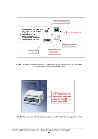 „Projekt współfinansowany ze środków Europejskiego Funduszu Społecznego”
34
Rys. 22. Przykładowa tabliczka znamionowa i naklejki (tzw. cechy) legalizacyjne na nowych wagach
[www.exalt.home.pl/infprawne/legalizacja_1htm]
Rys. 23. Waga oznaczona tabliczką znamionową [www.exalt.home.pl/infprawne/legalizacja_1htm]
 