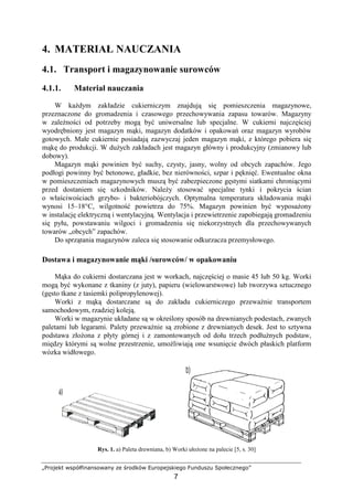 „Projekt współfinansowany ze środków Europejskiego Funduszu Społecznego”
7
4. MATERIAŁ NAUCZANIA
4.1. Transport i magazynowanie surowców
4.1.1. Materiał nauczania
W kaŜdym zakładzie cukierniczym znajdują się pomieszczenia magazynowe,
przeznaczone do gromadzenia i czasowego przechowywania zapasu towarów. Magazyny
w zaleŜności od potrzeby mogą być uniwersalne lub specjalne. W cukierni najczęściej
wyodrębniony jest magazyn mąki, magazyn dodatków i opakowań oraz magazyn wyrobów
gotowych. Małe cukiernie posiadają zazwyczaj jeden magazyn mąki, z którego pobiera się
mąkę do produkcji. W duŜych zakładach jest magazyn główny i produkcyjny (zmianowy lub
dobowy).
Magazyn mąki powinien być suchy, czysty, jasny, wolny od obcych zapachów. Jego
podłogi powinny być betonowe, gładkie, bez nierówności, szpar i pęknięć. Ewentualne okna
w pomieszczeniach magazynowych muszą być zabezpieczone gęstymi siatkami chroniącymi
przed dostaniem się szkodników. NaleŜy stosować specjalne tynki i pokrycia ścian
o właściwościach grzybo- i bakteriobójczych. Optymalna temperatura składowania mąki
wynosi 15–18°C, wilgotność powietrza do 75%. Magazyn powinien być wyposaŜony
w instalację elektryczną i wentylacyjną. Wentylacja i przewietrzenie zapobiegają gromadzeniu
się pyłu, powstawaniu wilgoci i gromadzeniu się niekorzystnych dla przechowywanych
towarów „obcych” zapachów.
Do sprzątania magazynów zaleca się stosowanie odkurzacza przemysłowego.
Dostawa i magazynowanie mąki /surowców/ w opakowaniu
Mąka do cukierni dostarczana jest w workach, najczęściej o masie 45 lub 50 kg. Worki
mogą być wykonane z tkaniny (z juty), papieru (wielowarstwowe) lub tworzywa sztucznego
(gęsto tkane z tasiemki polipropylenowej).
Worki z mąką dostarczane są do zakładu cukierniczego przewaŜnie transportem
samochodowym, rzadziej koleją.
Worki w magazynie układane są w określony sposób na drewnianych podestach, zwanych
paletami lub legarami. Palety przewaŜnie są zrobione z drewnianych desek. Jest to sztywna
podstawa złoŜona z płyty górnej i z zamontowanych od dołu trzech podłuŜnych podstaw,
między którymi są wolne przestrzenie, umoŜliwiają one wsunięcie dwóch płaskich platform
wózka widłowego.
Rys. 1. a) Paleta drewniana, b) Worki ułoŜone na palecie [5, s. 30]
 