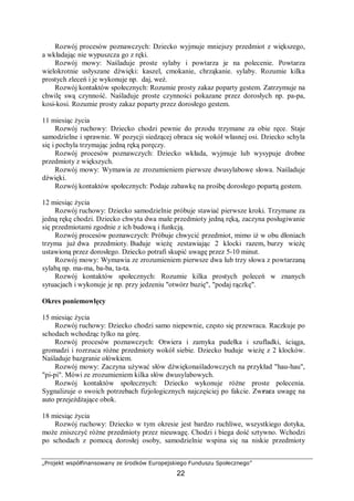 „Projekt współfinansowany ze środków Europejskiego Funduszu Społecznego”
22
Rozwój procesów poznawczych: Dziecko wyjmuje mniejszy przedmiot z większego,
a wkładając nie wypuszcza go z ręki.
Rozwój mowy: Naśladuje proste sylaby i powtarza je na polecenie. Powtarza
wielokrotnie usłyszane dźwięki: kaszel, cmokanie, chrząkanie. sylaby. Rozumie kilka
prostych zleceń i je wykonuje np. daj, weź.
Rozwój kontaktów społecznych: Rozumie prosty zakaz poparty gestem. Zatrzymuje na
chwilę swą czynność. Naśladuje proste czynności pokazane przez dorosłych np. pa-pa,
kosi-kosi. Rozumie prosty zakaz poparty przez dorosłego gestem.
11 miesiąc życia
Rozwój ruchowy: Dziecko chodzi pewnie do przodu trzymane za obie ręce. Staje
samodzielne i sprawnie. W pozycji siedzącej obraca się wokół własnej osi. Dziecko schyla
się i pochyla trzymając jedną ręką poręczy.
Rozwój procesów poznawczych: Dziecko wkłada, wyjmuje lub wysypuje drobne
przedmioty z większych.
Rozwój mowy: Wymawia ze zrozumieniem pierwsze dwusylabowe słowa. Naśladuje
dźwięki.
Rozwój kontaktów społecznych: Podaje zabawkę na prośbę dorosłego popartą gestem.
12 miesiąc życia
Rozwój ruchowy: Dziecko samodzielnie próbuje stawiać pierwsze kroki. Trzymane za
jedną rękę chodzi. Dziecko chwyta dwa małe przedmioty jedną ręką, zaczyna posługiwanie
się przedmiotami zgodnie z ich budową i funkcją.
Rozwój procesów poznawczych: Próbuje chwycić przedmiot, mimo iż w obu dłoniach
trzyma już dwa przedmioty. Buduje wieżę zestawiając 2 klocki razem, burzy wieżę
ustawioną przez dorosłego. Dziecko potrafi skupić uwagę przez 5-10 minut.
Rozwój mowy: Wymawia ze zrozumieniem pierwsze dwa lub trzy słowa z powtarzaną
sylabą np. ma-ma, ba-ba, ta-ta.
Rozwój kontaktów społecznych: Rozumie kilka prostych poleceń w znanych
sytuacjach i wykonuje je np. przy jedzeniu "otwórz buzię", "podaj rączkę".
Okres poniemowlęcy
15 miesiąc życia
Rozwój ruchowy: Dziecko chodzi samo niepewnie, często się przewraca. Raczkuje po
schodach wchodząc tylko na górę.
Rozwój procesów poznawczych: Otwiera i zamyka pudełka i szufladki, ściąga,
gromadzi i rozrzuca różne przedmioty wokół siebie. Dziecko buduje wieżę z 2 klocków.
Naśladuje bazgranie ołówkiem.
Rozwój mowy: Zaczyna używać słów dźwiękonaśladowczych na przykład "hau-hau",
"pi-pi". Mówi ze zrozumieniem kilka słów dwusylabowych.
Rozwój kontaktów społecznych: Dziecko wykonuje różne proste polecenia.
Sygnalizuje o swoich potrzebach fizjologicznych najczęściej po fakcie. Zwraca uwagę na
auto przejeżdżające obok.
18 miesiąc życia
Rozwój ruchowy: Dziecko w tym okresie jest bardzo ruchliwe, wszystkiego dotyka,
może zniszczyć różne przedmioty przez nieuwagę. Chodzi i biega dość sztywno. Wchodzi
po schodach z pomocą dorosłej osoby, samodzielnie wspina się na niskie przedmioty
 