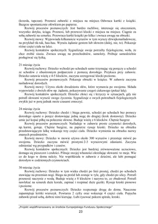 „Projekt współfinansowany ze środków Europejskiego Funduszu Społecznego”
23
(krzesła, tapczan). Przenosi zabawki z miejsca na miejsce. Odwraca kartki z książki.
Bazgrze spontanicznie ołówkiem po papierze.
Rozwój procesów poznawczych: Jest bardzo ruchliwe, interesuje się otoczeniem,
wszystko dotyka, ściąga. Przenosi, lub przewozi klocki z miejsca na miejsce. Ciągnie za
sobą zabawki na sznurku. Przewraca kartki książki po kilka i zwraca uwagę na obrazki.
Rozwój mowy: Wypowiada kilkanaście wyrazów w tym wyrazy dźwiękonaśladowcze,
na przykład tik-tak, hau-hau. Wyraża żądanie gestem lub słowem (dalej, nie, to). Pokazuje
różne części ciała na lalce.
Rozwój kontaktów społecznych: Sygnalizuje swoje potrzeby fizjologiczne, woła, że
chce zrobić siusiu. Zwraca uwagę na przechodniów, samoloty. Próbuje samodzielnie
posługiwać się łyżką.
21 miesiąc życia
Rozwój ruchowy: Dziecko wchodzi po schodach samo trzymając się poręczy a schodzi
ze schodów z obustronnym podparciem z pomocą dorosłego. Przykuca przy zabawie.
Dziecko ustawia wieżę z 4-5 klocków, zaczyna szeregować klocki poziomo.
Rozwój procesów poznawczych: Pokazuje obrazki w książce. W zabawie zaczyna
naśladować dorosłych.
Rozwój mowy: Używa około dwudziestu słów, które wymawia po swojemu. Składa
wypowiedzi z dwóch słów np. żądanie, pokazywanie czegoś ciekawego (pokaż lalę).
Rozwój kontaktów społecznych: Dziecko złości się i krzyczy w sytuacjach, gdy nie
potrafi słowami wyrazić swego życzenia. Sygnalizuje o swych potrzebach fizjologicznych
zwykle już w porę jednak może czasami zmoczyć.
24 miesiąc życia
Rozwój ruchowy: Dziecko chodzi i biega pewnie, schodzi po schodach bez pomocy
dorosłego oparte o poręcz dostawiając jedną nogę do drugiej (krok dostawny). Dziecko
umie już kopać piłkę na polecenie słowne. Buduje wieżę z 6 klocków. Chętnie bazgrze
Rozwój procesów poznawczych: Naśladuje w zabawie proste czynności dorosłych,
np. karmi, gotuje. Chętnie bazgrze, na papierze rysuje kreski. Dziecko na obrazku
przedstawiającym lalkę wskazuje trzy części ciała. Dziecko wymienia na obrazku nazwy
znanych przedmiotów.
Rozwój mowy: Dziecko w mowie używa około 300 wyrazów i przestaje mówić po
swojemu. Dziecko zaczyna mówić prostymi 2-3 wyrazowymi zdaniami. Zaczyna
odmieniać wg przypadków i czasów.
Rozwój kontaktów społecznych: Dziecko jest bardziej zrównoważone uczuciowo,
domaga się pieszczot i czułości. Pilnuje swojej własności określając słowami: to moje. Wie
co do kogo w domu należy. Nie współdziała w zabawie z dziećmi, ale lubi pomagać
dorosłym w codziennych czynnościach.
30 miesiąc życia
Rozwój ruchowy: Dziecko w tym wieku chodzi po linii prostej, chodzi po schodach
stawiając na przemian nogi. Biega na przód lub zostaje w tyle, gdy chodzi po ulicy. Potrafi
przenosić naczynie z wodą. Buduje wieżę z 8 klocków i nazywa to, co zbudował. Potrafi
nawlekać na sznurek duże korale, zapinać i rozpinać duże guziki. Rysuje kreski pionowe
i poziome.
Rozwój procesów poznawczych: Dziecko rozpoznaje drogę do domu. Nauczone
zapamiętuje krótki wierszyk. Powtarza 2 cyfry oraz wskazuje 4 części ciała. Popycha
zabawki przed sobą, dobrze nimi kierując. Lubi rysować palcem spirale, kreski.
 