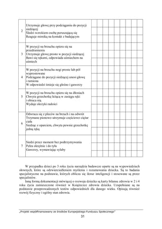 „Projekt współfinansowany ze środków Europejskiego Funduszu Społecznego”
31
2
Utrzymuje głowę przy podciąganiu do pozycji
siedzącej
Śledzi wzrokiem osobę poruszającą się
Reaguje mimiką na kontakt z badającym
3
W pozycji na brzuchu opiera się na
przedramieniu
Utrzymuje głowę prosto w pozycji siedzącej
Bawi się rękami, odpowiada uśmiechem na
uśmiech
4
W pozycji na brzuchu nogi proste lub pół
wyprostowane
Podciągane do pozycji siedzącej unosi głowę
i ramiona
W odpowiedzi śmieje się głośno i gaworzy
5
W pozycji na brzuchu opiera się na dłoniach
Chwyta grzechotkę leżącą w zasięgu ręki
i obraca nią
Wydaje okrzyki radości
6
Odwraca się z pleców na brzuch i na odwrót
Trzymane pionowo utrzymuje częściowo ciężar
ciała
Siedząc z oparciem, chwyta pewnie grzechotkę
jedną ręką
7
Siedzi przez moment bez podtrzymywania
Pełza okrężnie i do tyłu
Gaworzy, wymawiając sylaby
W przypadku dzieci po 3 roku życia narzędzia badawcze oparte są na wypowiedziach
słownych, które są odzwierciedleniem myślenia i rozumowania dziecka. Są to badania
specjalistyczne na podstawie, których oblicza się iloraz inteligencji i stosowane są przez
specjalistów.
Inną formą dokumentacji mówiącej o rozwoju dziecka są karty bilansu zdrowia w 2 i 4
roku życia zamieszczone również w Książeczce zdrowia dziecka. Uzupełniane są na
podstawie przeprowadzonych testów odpowiednich dla danego wieku. Opisują również
rozwój fizyczny i ogólny stan zdrowia.
 