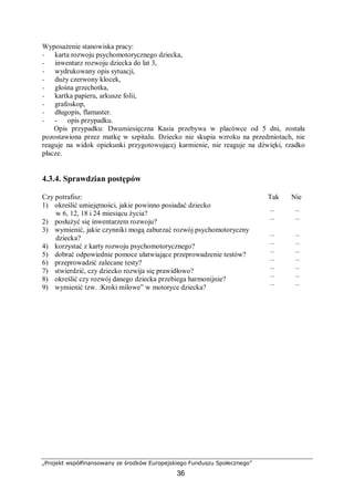 „Projekt współfinansowany ze środków Europejskiego Funduszu Społecznego”
36
Wyposażenie stanowiska pracy:
− karta rozwoju psychomotorycznego dziecka,
− inwentarz rozwoju dziecka do lat 3,
− wydrukowany opis sytuacji,
− duży czerwony klocek,
− głośna grzechotka,
− kartka papieru, arkusze folii,
− grafoskop,
− długopis, flamaster.
− - opis przypadku.
Opis przypadku: Dwumiesięczna Kasia przebywa w placówce od 5 dni, została
pozostawiona przez matkę w szpitalu. Dziecko nie skupia wzroku na przedmiotach, nie
reaguje na widok opiekunki przygotowującej karmienie, nie reaguje na dźwięki, rzadko
płacze.
4.3.4. Sprawdzian postępów
Czy potrafisz: Tak Nie
1) określić umiejętności, jakie powinno posiadać dziecko
w 6, 12, 18 i 24 miesiącu życia? ¨ ¨
2) posłużyć się inwentarzem rozwoju? ¨ ¨
3) wymienić, jakie czynniki mogą zaburzać rozwój psychomotoryczny
dziecka? ¨ ¨
4) korzystać z karty rozwoju psychomotorycznego? ¨ ¨
5) dobrać odpowiednie pomoce ułatwiające przeprowadzenie testów? ¨ ¨
6) przeprowadzić zalecane testy? ¨ ¨
7) stwierdzić, czy dziecko rozwija się prawidłowo? ¨ ¨
8) określić czy rozwój danego dziecka przebiega harmonijnie? ¨ ¨
9) wymienić tzw. :Kroki milowe” w motoryce dziecka? ¨ ¨
 