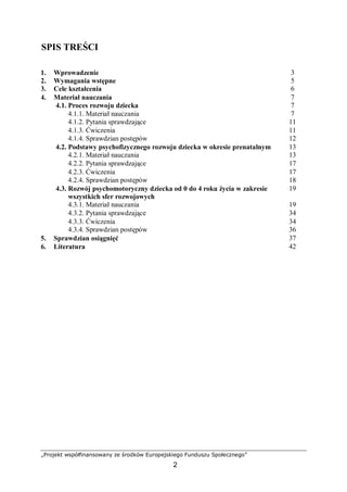 „Projekt współfinansowany ze środków Europejskiego Funduszu Społecznego”
2
SPIS TREŚCI
1. Wprowadzenie 3
2. Wymagania wstępne 5
3. Cele kształcenia 6
4. Materiał nauczania 7
4.1. Proces rozwoju dziecka 7
4.1.1. Materiał nauczania 7
4.1.2. Pytania sprawdzające 11
4.1.3. Ćwiczenia 11
4.1.4. Sprawdzian postępów 12
4.2. Podstawy psychofizycznego rozwoju dziecka w okresie prenatalnym 13
4.2.1. Materiał nauczania 13
4.2.2. Pytania sprawdzające 17
4.2.3. Ćwiczenia 17
4.2.4. Sprawdzian postępów 18
4.3. Rozwój psychomotoryczny dziecka od 0 do 4 roku życia w zakresie
wszystkich sfer rozwojowych
19
4.3.1. Materiał nauczania 19
4.3.2. Pytania sprawdzające 34
4.3.3. Ćwiczenia 34
4.3.4. Sprawdzian postępów 36
5. Sprawdzian osiągnięć 37
6. Literatura 42
 