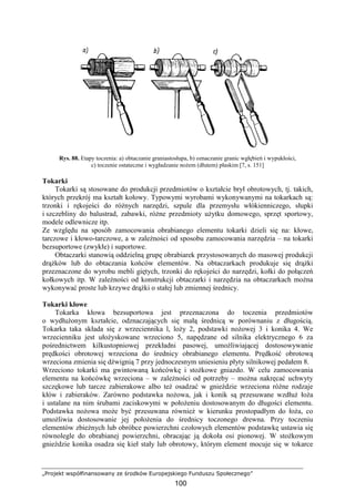 „Projekt współfinansowany ze środków Europejskiego Funduszu Społecznego”
100
Rys. 88. Etapy toczenia: a) obtaczanie graniastosłupa, b) oznaczanie granic wgłębień i wypukłości,
c) toczenie ostateczne i wygładzanie noŜem (dłutem) płaskim [7, s. 151]
Tokarki
Tokarki są stosowane do produkcji przedmiotów o kształcie brył obrotowych, tj. takich,
których przekrój ma kształt kołowy. Typowymi wyrobami wykonywanymi na tokarkach są:
trzonki i rękojeści do róŜnych narzędzi, szpule dla przemysłu włókienniczego, słupki
i szczebliny do balustrad, zabawki, róŜne przedmioty uŜytku domowego, sprzęt sportowy,
modele odlewnicze itp.
Ze względu na sposób zamocowania obrabianego elementu tokarki dzieli się na: kłowe,
tarczowe i kłowo-tarczowe, a w zaleŜności od sposobu zamocowania narzędzia – na tokarki
bezsuportowe (zwykłe) i suportowe.
Obtaczarki stanowią oddzielną grupę obrabiarek przystosowanych do masowej produkcji
drąŜków lub do obtaczania końców elementów. Na obtaczarkach produkuje się drąŜki
przeznaczone do wyrobu mebli giętych, trzonki do rękojeści do narzędzi, kołki do połączeń
kołkowych itp. W zaleŜności od konstrukcji obtaczarki i narzędzia na obtaczarkach moŜna
wykonywać proste lub krzywe drąŜki o stałej lub zmiennej średnicy.
Tokarki kłowe
Tokarka kłowa bezsuportowa jest przeznaczona do toczenia przedmiotów
o wydłuŜonym kształcie, odznaczających się małą średnicą w porównaniu z długością.
Tokarka taka składa się z wrzeciennika l, loŜy 2, podstawki noŜowej 3 i konika 4. We
wrzecienniku jest ułoŜyskowane wrzeciono 5, napędzane od silnika elektrycznego 6 za
pośrednictwem kilkustopniowej przekładni pasowej, umoŜliwiającej dostosowywanie
prędkości obrotowej wrzeciona do średnicy obrabianego elementu. Prędkość obrotową
wrzeciona zmienia się dźwignią 7 przy jednoczesnym uniesieniu płyty silnikowej pedałem 8.
Wrzeciono tokarki ma gwintowaną końcówkę i stoŜkowe gniazdo. W celu zamocowania
elementu na końcówkę wrzeciona – w zaleŜności od potrzeby – moŜna nakręcać uchwyty
szczękowe lub tarcze zabierakowe albo teŜ osadzać w gnieździe wrzeciona róŜne rodzaje
kłów i zabieraków. Zarówno podstawka noŜowa, jak i konik są przesuwane wzdłuŜ łoŜa
i ustalane na nim śrubami zaciskowymi w połoŜeniu dostosowanym do długości elementu.
Podstawka noŜowa moŜe być przesuwana równieŜ w kierunku prostopadłym do łoŜa, co
umoŜliwia dostosowanie jej połoŜenia do średnicy toczonego drewna. Przy toczeniu
elementów zbieŜnych lub obróbce powierzchni czołowych elementów podstawkę ustawia się
równolegle do obrabianej powierzchni, obracając ją dokoła osi pionowej. W stoŜkowym
gnieździe konika osadza się kieł stały lub obrotowy, którym element mocuje się w tokarce
 
