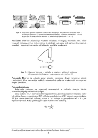 „Projekt współfinansowany ze środków Europejskiego Funduszu Społecznego”
9
Rys. 2. Połączenia spawane: a) spoina czołowa bez wstępnego przygotowania krawędzi blach –
przed i po spawaniu, b) spoina czołowa ukosowana na V, c) spoina pachwinowa z licem
wypukłym, d) połączenie zakładkowe, e) połączenie przykładkowe [3, s. 23]
Połączenia lutowane przenoszące większe obciąŜenia wymagają stosowania tzw. lutów
twardych (mosiądz, srebro i stopy srebra z miedzią). Lutowanie jest szeroko stosowane do
produkcji i regeneracji narzędzi z nakładkami z węglików spiekanych.
Rys. 3. Połączenie lutowane – nakładka z węglików spiekanych połączona
z brzeszczotem piły; linia przerywaną oznaczono lutowinę [3, s. 23]
Połączenia klejowe są ostatnio coraz częściej stosowane dzięki rozwojowi chemii
i technologii. Kleje zapewniają niekiedy wytrzymałość połączeń większą niŜ otrzymywaną
innymi sposobami.
Połączenia rozłączne
Połączenia gwintowe są najszerzej stosowanymi w budowie maszyn, bardzo
róŜnorodnymi połączeniami rozłącznymi.
Linią śrubową rys. 4 nazywa się krzywą przestrzenną powstałą przez nawinięcie na walec
o średnicy d przeciwprostokątnej BC trójkąta prostokątnego ABC, którego przyprostokątna
AC jest równa obwodowi podstawy walca π * d, a druga przyprostokątna AB = h – jest
wysokością walca. Kąt γ (gamma) jest kątem wzniosu linii śrubowej.
d
h
tg
*π
γ =
 