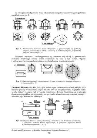 „Projekt współfinansowany ze środków Europejskiego Funduszu Społecznego”
12
Do zabezpieczenia łączników przed odkręcaniem się są stosowane rozwiązania pokazane
przykładowo na rys. 8.
Rys. 8. Zabezpieczenia łączników przed odkręceniem: a) przeciwnakrętką, b) podkładką
spręŜystą, c) zawleczką do nakrętki koronowej, d) podkładką odginaną, e) podkładką
spręŜystą ząbkowaną [3, s. 27]
Połączenia wpustowe i wielowypustowe są stosowane najczęściej do przenoszenia
momentu obrotowego między kołem osadzonym na wale a tym wałem. Wpusty
i wielowypusty przenoszą obciąŜenia powierzchnią boczną; pracują na ścinanie.
Rys. 9. Połączenia wpustowe i wielowypustowe: a) wpust pryzmatyczny, b) wpust czółenkowy,
c) wielowypust [3, s. 27]
Połączenia klinowe mają klin, który jest technicznym zastosowaniem równi pochyłej jako
maszyny prostej do mocowania części ze sobą albo do ich przesuwania względem siebie
w celu zmiany połoŜenia lub wywarcia potrzebnego docisku. Najistotniejszą wielkością
charakterystyczną klina jest pochylenie, a w przypadku klina dwustronnego symetrycznego –
zbieŜność jego powierzchni roboczych.
Rys. 10. Połączenia klinowe: a) klin jednostronny z noskiem, b) klin dwustronny symetryczny,
c) połączenie wzdłuŜne klinem wpuszczanym, d) połączenie poprzeczne klinem
w konstrukcji stojaka stołu [3, s. 27]
 