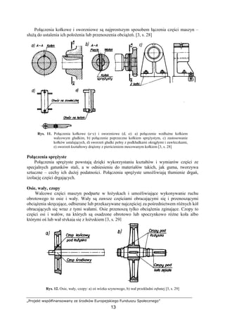 „Projekt współfinansowany ze środków Europejskiego Funduszu Społecznego”
13
Połączenia kołkowe i sworzniowe są najprostszym sposobem łączenia części maszyn –
słuŜą do ustalenia ich połoŜenia lub przenoszenia obciąŜeń. [3, s. 28]
Rys. 11. Połączenia kołkowe (a÷c) i sworzniowe (d, e): a) połączenie wzdłuŜne kołkiem
walcowym gładkim, b) połączenie poprzeczne kołkiem spręŜystym, c) zastosowanie
kołków ustalających, d) sworzeń gładki pełny z podkładkami okrągłymi i zawleczkami,
e) sworzeń kształtowy drąŜony z pierścieniem mocowanym kołkiem [3, s. 28]
Połączenia spręŜyste
Połączenia spręŜyste powstają dzięki wykorzystaniu kształtów i wymiarów części ze
specjalnych gatunków stali, a w odniesieniu do materiałów takich, jak guma, tworzywa
sztuczne – cechy ich duŜej podatności. Połączenia spręŜyste umoŜliwiają tłumienie drgań,
izolację części drgających.
Osie, wały, czopy
Walcowe części maszyn podparte w łoŜyskach i umoŜliwiające wykonywanie ruchu
obrotowego to osie i wały. Wały są zawsze częściami obracającymi się i przenoszącymi
obciąŜenia skręcające, odbierane lub przekazywane najczęściej za pośrednictwem róŜnych kół
obracających się wraz z tymi wałami. Osie przenoszą tylko obciąŜenia zginające. Czopy to
części osi i wałów, na których są osadzone obrotowo lub spoczynkowo róŜne koła albo
którymi oś lub wał stykają się z łoŜyskiem [3, s. 29]
Rys. 12. Osie, wały, czopy: a) oś wózka szynowego, b) wał przekładni zębatej [3, s. 29]
 