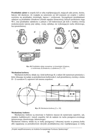 „Projekt współfinansowany ze środków Europejskiego Funduszu Społecznego”
18
Przekładnie zębate to zespoły kół ze sobą współpracujących, mających zęby proste, skośne,
łukowe lub daszkowe. Ze względu na ustawienie osi kół (zarazem osi czopów i wałów)
rozróŜnia się przekładnie równoległe, kątowe i wichrowate. Szczególnymi przekładniami
zębatymi są przekładnie ślimakowe (ślimak napędza ślimacznicę), których przełoŜenie sięga
90:1, oraz przekładnie zębatkowe o jednym z kół traktowanym jak koło o średnicy równej
nieskończoności (prosty pręt zębaty, zwany zębatką), nie wykonującym ruchu obrotowego,
lecz prostoliniowy.
Rys. 18. Przekładnie zębate zewnętrzne: a) równoległa, b) kątowa,
c) wichrowata, d) ślimakowa, e) zębatkowa [3, s. 33]
Mechanizm korbowy
Mechanizm korbowy składa się z koła korbowego K o stałym lub nastawnym promieniu r,
które obracając się nadaje za pośrednictwem korbowodu L ruch prostoliniowy zwrotny o skoku
H = 2r suwakowi S, suportowi lub innemu zespołowi.
Rys. 19. Mechanizm korbowy [3, s. 34]
Mechanizmy śrubowe
Mechanizmy śrubowe są stosowane w budowie maszyn do nastawiania suportów, sań,
stojaków kadłubowych i innych zespołów lub do nadania im ruchu postępowo-zwrotnego
(posuwowego, dosuwowego, odsuwowego).
Mechanizm śrubowy składa się ze śruby pociągowej l obracanej ręcznie za pomocą korby
albo napędzanej za pośrednictwem skrzynki przekładniowej oraz współpracującej ze śrubą
 