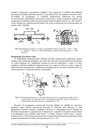 „Projekt współfinansowany ze środków Europejskiego Funduszu Społecznego”
19
nakrętki 2 połączonej z przesuwnym zespołem 3 (np. suportem). O wielkości lub prędkości
przesunięcia decyduje podziałka gwintu P i kąt obrotu śruby lub prędkość obrotowa śruby.
Ze względu na występujący w zwykłych połączeniach śrubowych luz gwintu
w nowoczesnych obrabiarkach sterowanych numerycznie zwykły mechanizm śrubowy jest
zastępowany przekładnią śrubowo-toczną, której zasadę działania ilustruje rys. 20b. Kanał 5,
zwany obiegowym, zapewnia powrót kulek 4 do zwoju wejściowego po ich przetoczeniu się
między śrubą i nakrętką.
Rys. 20. Mechanizmy śrubowe: a) zwykły, b) przekładnia śrubowa toczna [3, s. 34]: 1 – śruba,
2 – nakrętka, 3 – suport, 4 – kulki wypełniające co najmniej jeden zwój gwintu, 5 – kanał
obiegowy
Mechanizmy krzywkowe i inne
W obrabiarkach automatycznych zachodzi potrzeba wykonywania cyklicznych ruchów
według z góry ustalonego programu, np. suport ma rozpocząć ruch prostoliniowy po upływie
1/6 cyklu, poruszać się z prędkością zmienną od zera do maksimum w ciągu 1/6 cyklu,
następnie z określoną prędkością stalą przesuwać się w ciągu 2/6 cyklu, po czym w ciągu 1/6
cyklu wykonać ruch powrotny z prędkością zmieniającą się od zera przez maksimum do zera
i przez pozostałe 1/6 cyklu pozostawać w spoczynku.
Rys. 21. Mechanizmy krzywkowe: a) krzywka płaska tarczowa K z popychaczem krąŜkowym P
w zastosowaniu do zataczania freza, b) krzywka przestrzenna walcowa dwustronna
z popychaczem osiowym stosowana w podajnikach [3, s. 35]
Rysunek 21 przedstawia zastosowanie krzywki płaskiej do obróbki na zataczarce
grzbietów zębów frezów zataczanych. Krzywka K wykonuje ruch obrotowy ze stałą
prędkością n obr/min związaną z prędkością obrotową n1 zataczanego freza F. Stykając się
obwodem bezpośrednio z popychaczem P sprzęŜonym z suportem S, krzywka steruje noŜem
N kształtującym zarys grzbietu zęba freza F w funkcji złoŜenia ruchów freza i suportu.
Pokazana na rys. 21b krzywka przestrzenna K rowkiem ukształtowanym na pobocznicy walca
wymusza prostoliniowo-zwrotny ruch popychacza P. [3, s. 35]
 