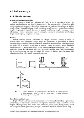 „Projekt współfinansowany ze środków Europejskiego Funduszu Społecznego”
23
4.2. Budowa maszyn
4.2.1. Materiał nauczania
Wprowadzenie i podział ogólny
KaŜda obrabiarka składa się z wielu części. Części te moŜna grupować w zespoły np.
według spełnianej przez nie funkcji. Na początku – dla uproszczenia – celowe jest tylko
ogólne rozpatrzenie zespołów. Najczęściej występującymi częściami i zespołami są: kadłub,
zespół roboczy i narzędzie tnące, zespół napędowy, zespół posuwowy, zespół prowadzący,
zespół podpierający, zespół dociskowy, zespół zaciskowy, zespół podający, zespół
odbierający, zespół nastawczy, zespół sterujący, osłony i urządzenia zwiększające
bezpieczeństwo pracy, urządzenia smarujące.
Kadłub
Kadłub stanowi szkielet obrabiarki, na którym pozostałe zespoły i części są
rozmieszczone lub względem którego mogą się przesuwać w przestrzeni w sposób
umoŜliwiający wykonanie zadania, dla którego obrabiarkę skonstruowano. Kadłub przejmuje
na siebie siły i momenty wynikające z napędu i pracy obrabiarki; wiąŜe obrabiarkę
z fundamentem. Ze względu na ogólny kształt kadłub całkowity lub składający się z części
moŜe mieć postać skrzynki, ramy, belki, płyty, wspornika, stojaka, łoŜa. Części kadłuba mogą
być ze sobą połączone sztywno, przesuwnie lub obrotowo. Kadłuby są wykonywane jako
odlewy (najczęściej Ŝeliwne) lub konstrukcje spawane.
Rys. 22. Kadłuby obrabiarek: a) jednoczęściowy skrzynkowy, b) czteroczęściowy,
c) jednoczęściowy – stojak l – loŜe, 2 – stojak stały, 3 – stojak przesuwny,
4 – skrzynia podstawy [3, s. 64]
Zespół roboczy i narzędzie
Zespół roboczy słuŜy do ustawiania i zamocowywania narzędzia (rzadziej – przedmiotu
obrabianego) w obrabiarce i umoŜliwia wykonywanie ruchu roboczego. Zasadnicze części
zespołu roboczego mogą mieć postać wału, wrzeciona, walca, wałka, tarczy, bębna, dwóch
lub więcej kół, suportu, prowadnicy, skrzynki, wspornika, trzpienia, ramienia, belki, ramy.
 