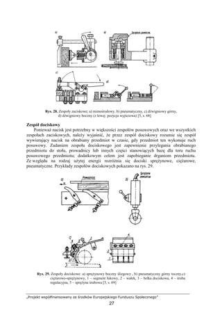 „Projekt współfinansowany ze środków Europejskiego Funduszu Społecznego”
27
Rys. 28. Zespoły zaciskowe; a) mimośrodowy, b) pneumatyczny, c) dźwigniowy górny,
d) dźwigniowy boczny (z lewej pozycja wyjściowa) [3, s. 68]
Zespół dociskowy
PoniewaŜ nacisk jest potrzebny w większości zespołów posuwowych oraz we wszystkich
zespołach zaciskowych, naleŜy wyjaśnić, Ŝe przez zespół dociskowy rozumie się zespół
wywierający nacisk na obrabiany przedmiot w czasie, gdy przedmiot ten wykonuje ruch
posuwowy. Zadaniem zespołu dociskowego jest zapewnienie przylegania obrabianego
przedmiotu do stołu, prowadnicy lub innych części stanowiących bazę dla toru ruchu
posuwowego przedmiotu; dodatkowym celem jest zapobieganie drganiom przedmiotu.
Ze względu na rodzaj uŜytej energii rozróŜnia się dociski spręŜynowe, cięŜarowe,
pneumatyczne. Przykłady zespołów dociskowych pokazano na rys. 29.
Rys. 29. Zespoły dociskowe: a) spręŜynowy boczny ślizgowy , b) pneumatyczny górny toczny,c)
cięŜarowo-spręŜynowy, 1 – segment łukowy, 2 – wałek, 3 – belka dociskowa, 4 – śruba
regulacyjna, 5 – spręŜyna śrubowa [3, s. 69]
 