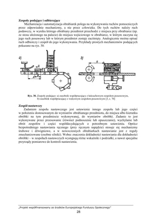 „Projekt współfinansowany ze środków Europejskiego Funduszu Społecznego”
28
Zespoły podające i odbierające
Mechanizacja i automatyzacja obrabiarek polega na wykonywaniu ruchów pomocniczych
przez odpowiednie mechanizmy, a nie przez człowieka. Do tych ruchów naleŜy ruch
podawczy, w wyniku którego obrabiany przedmiot przechodzi z miejsca przy obrabiarce (np.
ze stosu ułoŜonego na palecie) do miejsca wejściowego w obrabiarce, w którym zaczyna się
jego ruch posuwowy lub w którym przedmiot zostaje zaciśnięty. Analogicznie moŜna opisać
ruch odbiorczy i zespół do jego wykonywania. Przykłady prostych mechanizmów podających
pokazano na rys. 30.
Rys. 30. Zespoły podające: a) zasobnik współpracujący z łańcuchowym zespołem posuwowym,
b) zasobnik współpracujący z walcowym zespołem posuwowym [3, s. 70]
Zespół nastawczy
Zadaniem zespołu nastawczego jest ustawienie innego zespołu lub jego części
w połoŜeniu dostosowanym do wymiarów obrabianego przedmiotu, do miejsca albo kierunku
obróbki na tym przedmiocie wykonywanej, do wymiarów obróbki. Zadanie to jest
wykonywane przez przesuwanie (równieŜ podnoszenie lub opuszczanie), wychylanie lub
obrót zespołów i części współdecydujących o potrzebnym ustawieniu. Oprócz
bezpośredniego nastawiania ręcznego (przy ręcznym napędzie) stosuje się mechanizmy
śrubowe i dźwigniowe, a w nowoczesnych obrabiarkach nastawianie jest z reguły
zmechanizowane (osobne silniki). Wobec znaczenia dokładności nastawiania dla dokładności
obróbki – w zespołach nastawczych występują róŜne wskaźniki i podziałki, a nawet specjalne
przyrządy pomiarowe do kontroli nastawienia.
 