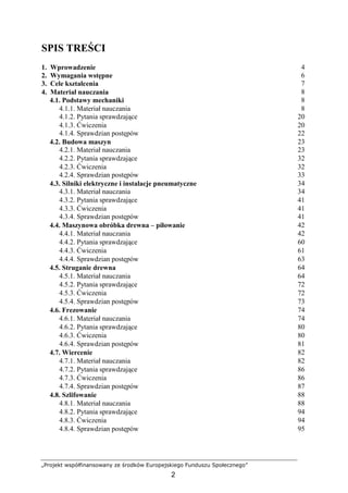 „Projekt współfinansowany ze środków Europejskiego Funduszu Społecznego”
2
SPIS TREŚCI
1. Wprowadzenie 4
2. Wymagania wstępne 6
3. Cele kształcenia 7
4. Materiał nauczania 8
4.1. Podstawy mechaniki 8
4.1.1. Materiał nauczania 8
4.1.2. Pytania sprawdzające 20
4.1.3. Ćwiczenia 20
4.1.4. Sprawdzian postępów 22
4.2. Budowa maszyn 23
4.2.1. Materiał nauczania 23
4.2.2. Pytania sprawdzające 32
4.2.3. Ćwiczenia 32
4.2.4. Sprawdzian postępów 33
4.3. Silniki elektryczne i instalacje pneumatyczne 34
4.3.1. Materiał nauczania 34
4.3.2. Pytania sprawdzające 41
4.3.3. Ćwiczenia 41
4.3.4. Sprawdzian postępów 41
4.4. Maszynowa obróbka drewna – piłowanie 42
4.4.1. Materiał nauczania 42
4.4.2. Pytania sprawdzające 60
4.4.3. Ćwiczenia 61
4.4.4. Sprawdzian postępów 63
4.5. Struganie drewna 64
4.5.1. Materiał nauczania 64
4.5.2. Pytania sprawdzające 72
4.5.3. Ćwiczenia 72
4.5.4. Sprawdzian postępów 73
4.6. Frezowanie 74
4.6.1. Materiał nauczania 74
4.6.2. Pytania sprawdzające 80
4.6.3. Ćwiczenia 80
4.6.4. Sprawdzian postępów 81
4.7. Wiercenie 82
4.7.1. Materiał nauczania 82
4.7.2. Pytania sprawdzające 86
4.7.3. Ćwiczenia 86
4.7.4. Sprawdzian postępów 87
4.8. Szlifowanie 88
4.8.1. Materiał nauczania 88
4.8.2. Pytania sprawdzające 94
4.8.3. Ćwiczenia 94
4.8.4. Sprawdzian postępów 95
 