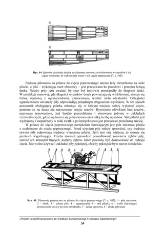 „Projekt współfinansowany ze środków Europejskiego Funduszu Społecznego”
54
Rys. 44. Sposoby dzielenia tarcicy na elementy surowe: a) wykrawanie wyrzynków i ich
cięcie wzdłuŜne, b) wykrawanie listew i ich cięcie poprzeczne [7, s. 106]
Podczas piłowania na pilarce do cięcia poprzecznego tarcica leŜy nieruchomo na stole
pilarki, a piła – wykonując ruch obrotowy – jest przesuwana ku przodowi i przecina leŜącą
deskę. NaleŜy przy tym uwaŜać, by rzaz był moŜliwie prostopadły do długości deski.
W produkcji masowej, gdy długości wycinków desek powtarzają się wielokrotnie, stosuje się
listwę oporową z ogranicznikami, zamocowaną wzdłuŜ stołu obrabiarki. Odległości
ograniczników od tarczy piły odpowiadają poŜądanym długościom wycinków. W ten sposób
pracownik obsługujący pilarkę orientuje się, w którym miejscu naleŜy wykonać cięcie,
pomimo Ŝe na desce nie narysowano miejsc rzazów. Rysowanie ołówkiem linii rzazów,
nazywane trasowaniem, jest bardzo pracochłonne i stosowane jedynie w zakładach
rzemieślniczych, gdzie wytwarza się jednorazowo niewielką liczbę wyrobów. Stół pilarki jest
wydłuŜony i zaopatrzony w rolki (wałki), po których łatwo jest przesuwać przecinaną tarcicę.
W pilarce do cięcia poprzecznego narzędziem skrawającym jest piła tarczowa płaska
z uzębieniem do cięcia poprzecznego. Przed uŜyciem piły naleŜy sprawdzić, czy średnica
otworu piły odpowiada średnicy wrzeciona pilarki. Jeśli jest ona większa, to stosuje się
pierścień wypełniający. Trzeba równieŜ sprawdzić prawidłowość rozwarcia zębów piły,
ostrość ich krawędzi tnących, kształty zębów, które powinny być dostosowane do rodzaju
cięcia. Nie wolno uŜywać i zakładać piły pękniętej, choćby pęknięcie było nawet niewielkie.
Rys. 45. Piłowanie poprzeczne na pilarce do cięcia poprzecznego [7, s. 107]: l – pilą tarczowa,
2 – silnik, 3 – osłona piły, 4 – ograniczniki, 5 – stół pilarki, 6 – walki ułatwiające
przesuwanie tarcicy po stole obrabiarki, 7 – deska oporowa, 8 – deska piłowana
 