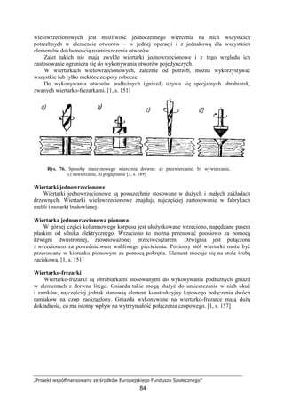 „Projekt współfinansowany ze środków Europejskiego Funduszu Społecznego”
84
wielowrzecionowych jest moŜliwość jednoczesnego wiercenia na nich wszystkich
potrzebnych w elemencie otworów – w jednej operacji i z jednakową dla wszystkich
elementów dokładnością rozmieszczenia otworów.
Zalet takich nie mają zwykle wiertarki jednowrzecionowe i z tego względu ich
zastosowanie ogranicza się do wykonywania otworów pojedynczych.
W wiertarkach wielowrzecionowych, zaleŜnie od potrzeb, moŜna wykorzystywać
wszystkie lub tylko niektóre zespoły robocze.
Do wykonywania otworów podłuŜnych (gniazd) uŜywa się specjalnych obrabiarek,
zwanych wiertarko-frezarkami. [1, s. 151]
Rys. 76. Sposoby maszynowego wiercenia drewna: a) przewiercanie, b) wywiercanie,
c) nawiercanie, d) pogłębianie [3, s. 189]
Wiertarki jednowrzecionowe
Wiertarki jednowrzecionowe są powszechnie stosowane w duŜych i małych zakładach
drzewnych. Wiertarki wielowrzecionowe znajdują najczęściej zastosowanie w fabrykach
mebli i stolarki budowlanej.
Wiertarka jednowrzecionowa pionowa
W górnej części kolumnowego korpusu jest ułoŜyskowane wrzeciono, napędzane pasem
płaskim od silnika elektrycznego. Wrzeciono to moŜna przesuwać poosiowo za pomocą
dźwigni dwustronnej, zrównowaŜonej przeciwcięŜarem. Dźwignia jest połączona
z wrzecionem za pośrednictwem wahliwego pierścienia. Poziomy stół wiertarki moŜe być
przesuwany w kierunku pionowym za pomocą pokrętła. Element mocuje się na stole śrubą
zaciskową. [1, s. 151]
Wiertarko-frezarki
Wiertarko-frezarki są obrabiarkami stosowanymi do wykonywania podłuŜnych gniazd
w elementach z drewna litego. Gniazda takie mogą słuŜyć do umieszczania w nich okuć
i zamków, najczęściej jednak stanowią element konstrukcyjny kątowego połączenia dwóch
ramiaków na czop zaokrąglony. Gniazda wykonywane na wiertarko-frezarce mają duŜą
dokładność, co ma istotny wpływ na wytrzymałość połączenia czopowego. [1, s. 157]
 
