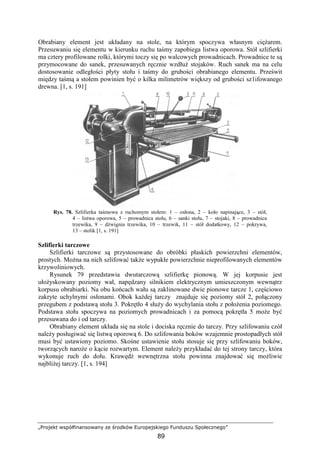 „Projekt współfinansowany ze środków Europejskiego Funduszu Społecznego”
89
Obrabiany element jest układany na stole, na którym spoczywa własnym cięŜarem.
Przesuwaniu się elementu w kierunku ruchu taśmy zapobiega listwa oporowa. Stół szlifierki
ma cztery profilowane rolki, którymi toczy się po walcowych prowadnicach. Prowadnice te są
przymocowane do sanek, przesuwanych ręcznie wzdłuŜ stojaków. Ruch sanek ma na celu
dostosowanie odległości płyty stołu i taśmy do grubości obrabianego elementu. Prześwit
między taśmą a stołem powinien być o kilka milimetrów większy od grubości sz1ifowanego
drewna. [1, s. 191]
Rys. 78. Szlifierka taśmowa z ruchomym stołem: 1 – osłona, 2 – koło napinające, 3 – stół,
4 – listwa oporowa, 5 – prowadnica stołu, 6 – sanki stołu, 7 – stojaki, 8 – prowadnica
trzewika, 9 – dźwignia trzewika, 10 – trzewik, 11 – stół dodatkowy, 12 – pokrywa,
13 – stolik [1, s. 191]
Szlifierki tarczowe
Szlifierki tarczowe są przystosowane do obróbki płaskich powierzchni elementów,
prostych. MoŜna na nich szlifować takŜe wypukłe powierzchnie nieprofilowanych elementów
krzywoliniowych.
Rysunek 79 przedstawia dwutarczową szlifierkę pionową. W jej korpusie jest
ułoŜyskowany poziomy wał, napędzany silnikiem elektrycznym umieszczonym wewnątrz
korpusu obrabiarki. Na obu końcach wału są zaklinowane dwie pionowe tarcze 1, częściowo
zakryte uchylnymi osłonami. Obok kaŜdej tarczy znajduje się poziomy stół 2, połączony
przegubem z podstawą stołu 3. Pokrętło 4 słuŜy do wychylania stołu z połoŜenia poziomego.
Podstawa stołu spoczywa na poziomych prowadnicach i za pomocą pokrętła 5 moŜe być
przesuwana do i od tarczy.
Obrabiany element układa się na stole i dociska ręcznie do tarczy. Przy szlifowaniu czół
naleŜy posługiwać się listwą oporową 6. Do szlifowania boków wzajemnie prostopadłych stół
musi być ustawiony poziomo. Skośne ustawienie stołu stosuje się przy szlifowaniu boków,
tworzących naroŜe o kącie rozwartym. Element naleŜy przykładać do tej strony tarczy, która
wykonuje ruch do dołu. Krawędź wewnętrzna stołu powinna znajdować się moŜliwie
najbliŜej tarczy. [1, s. 194]
 