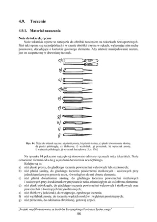 „Projekt współfinansowany ze środków Europejskiego Funduszu Społecznego”
96
4.9. Toczenie
4.9.1. Materiał nauczania
NoŜe do tokarek, ręczne
NoŜe tokarskie ręczne to narzędzia do obróbki toczeniem na tokarkach bezsuportowych.
NóŜ taki opiera się na podpórkach i w czasie obróbki trzyma w rękach, wykonując nim ruchy
posuwowe, decydujące o kształcie gotowego elementu. Aby ułatwić manipulowanie noŜem,
jest on zaopatrzony w drewniany trzonek.
Rys. 84. NoŜe do tokarek ręczne: a) płaski prosty, b) płaski skośny, c) płaski dwustronnie skośny,
d) płaski półokrągły, e) Ŝłobkowy, f) wyŜłobiak, g) przecinak, h) wytaczak prosty,
i) wytaczak półokrągły, j) wytaczak haczykowy [1, s. 176]
Na rysunku 84 pokazano najczęściej stosowane odmiany ręcznych noŜy tokarskich. NoŜe
oznaczone literami od a do g są noŜami do toczenia zewnętrznego.
Kolejno są to:
a) nóŜ płaski prosty, do gładkiego toczenia powierzchni walcowych lub stoŜkowych;
b) nóŜ płaski skośny, do gładkiego toczenia powierzchni stoŜkowych i walcowych przy
jednokierunkowym posuwie noŜa, równoległym do osi obrotu elementu;
c) nóŜ płaski dwustronnie skośny, do gładkiego toczenia powierzchni stoŜkowych
i walcowych przy dwukierunkowym posuwie noŜa, równoległym do osi obrotu elementu;
d) nóŜ płaski półokrągły, do gładkiego toczenia powierzchni walcowych i stoŜkowych oraz
powierzchni o tworzących krzywoliniowych;
e) nóŜ Ŝłobkowy (zdzierak), do wstępnego, zgrubnego toczenia;
f) nóŜ wyŜłabiak prosty, do toczenia wąskich rowków i wgłębień prostokątnych;
g) nóŜ przecinak, do odcinania obrobionej, gotowej części.
 