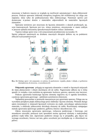 „Projekt współfinansowany ze środków Europejskiego Funduszu Społecznego”
19
stosowane w budowie maszyn ze względu na moŜliwość automatyzacji i duŜą efektywność
procesu. Podczas spawania elektrodą nietopliwą (węglową lub wolframową) nie ulega ona
stapianiu; słuŜy tylko do podtrzymywania łuku elektrycznego. Natomiast spoiwo jest
dostarczane w postaci drutów z materiałów odpowiednich do materiałów łączonych
elementów.
Spawanie termitowe jest stosowane do łączenia elementów o duŜych przekrojach, np.
szyn tramwajowych. Spoiwem jest tzw. Ŝelazo termitowe, otrzymywane w stanie ciekłym
w procesie spalania mieszaniny sproszkowanych tlenków Ŝelaza i aluminium.
Typowe rodzaje spoin wraz z ich oznaczeniami przedstawiono na rysunku 14.
Spoiny połączeń naraŜonych na działanie znacznych obciąŜeń dobiera się na podstawie
obliczeń wytrzymałościowych
Rys, 14. Rodzaje spoin i ich oznaczenia: a) czołowe, b) pachwinowe: wypukła, płaska i wklęsła, c) grzbietowa
(krawędziowa), d) otworowa, e) szczelinowa [2].
Połączenia zgrzewane polegają na nagrzaniu elementów z metali w łączonych miejscach
do stanu plastyczności i silnym dociśnięciu ich do siebie. Nagrzewanie odbywa się w róŜny
sposób i w związku z tym rozróŜnia się zgrzewanie: kuźnicze, gazowe, oporowe oraz tarciowe.
Podczas zgrzewania kuźniczego łączone elementy nagrzewa się w ognisku kowalskim,
a podczas zgrzewania gazowego – palnikiem acetylenowo-tlenowym.
Najbardziej powszechne w przemyśle maszynowym jest zgrzewanie oporowe. Polega ono na
wywołaniu przepływu prądu elektrycznego przez elektrody i łączone elementy. Wskutek duŜego
oporu (rezystancji) w miejscach łączonych wytwarza się ciepło, powodujące uplastycznienie
materiału, a elektrody jednocześnie dociskają elementy do siebie. RozróŜniamy następujące
metody zgrzewania oporowego: punktowe, garbowe, liniowe i doczołowe (rys. 15).
Zakres stosowania zgrzewania oporowego, zwłaszcza punktowego i liniowego, jest
stosunkowo niewielki, poniewaŜ tymi sposobami moŜna zgrzewać elementy o maksymalnej
grubości rzędu kilku mm. Zgrzewanie punktowe stosuje się w przypadku, gdy złącze nie
wymaga szczelności, liniowe zaś tam, gdzie szczelność jest niezbędna np. w zbiornikach na
paliwo.
 