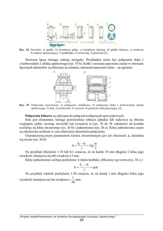 „Projekt współfinansowany ze środków Europejskiego Funduszu Społecznego”
29
Rys. 34. Sworznie: a) gładki, b) kształtowy pełny, c) kształtowy drąŜony, d) gładki drąŜony, e) rowkowy,
f) osadcze spręŜynujące; 1) podkładka, 2) zawleczka, 3) pierścień [2].
Sworznie łączą róŜnego rodzaju przeguby. Przykładem moŜe być połączenie tłoka l
z korbowodem 2 silnika spalinowego (rys. 35 b). Kołki i sworznie pasowane ciasno w otworach
łączonych elementów są obliczane na ścinanie, natomiast pasowane luźno – na zginanie.
Rys. 35. Połączenia sworzniowe: a) połączenie widełkowe, b) połączenie tłoka z korbowodem silnika
spalinowego; 1) tłok, 2) korbowód, 5) sworzeń, 4) pierścień zabezpieczający [2].
Połączenia klinowe są zaliczane do połączeń rozłącznych spoczynkowych.
Klin jest elementem, którego powierzchnie robocze (płaskie lub walcowe) są zbieŜne
względem siebie, tworząc niewielki kąt rozwarcia α (rys. 36 d). W zaleŜności od kształtu
rozróŜnia się kliny dwustronne (rys. 36 b) i jednostronne (rys. 36 c). Kliny jednostronne często
są zakończone noskiem w celu ułatwienia demontaŜu połączenia.
Charakterystycznym parametrem klinów dwustronnych jest ich zbieŜność ∆, określana
wg wzoru (rys. 36 b)
2
212 α
tg
l
hh
=
−
=∆
Na przykład zbieŜność 1:10 lub 0,1 oznacza, Ŝe na kaŜde 10 mm długości l klina jego
wysokość zmniejsza się lub zwiększa o l mm.
Kliny jednostronne cechuje pochylenie Λ (duŜa lambda), obliczane wg wzoru (rys. 36 c:):
αtg
l
hh
=
−
=Λ
'
12
'
Na przykład wartość pochylenia 1:50 oznacza, Ŝe na kaŜdy l mm długości klina jego
wysokość zmniejsza się lub zwiększa o
50
1
mm.
 