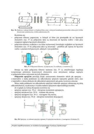 „Projekt współfinansowany ze środków Europejskiego Funduszu Społecznego”
30
Rys. 36. Budowa i rodzaje klinów: a) budowa klina wraz z róŜnymi kształtami powierzchni roboczych, b) klin
dwustronny symetryczny, c) klin jednostronny [2].
RozróŜnia się:
− połączenia klinowe poprzeczne, w których oś klina jest prostopadła do osi łączonych
elementów (rys. 37 a); połączenia takie są stosowane do łączenia wałów i tulei przy
wstępnym napięciu łączonych elementów;
− połączenia klinowe wzdłuŜne o osi klina usytuowanej równolegle względem osi łączonych
elementów (rys. 37 b); połączenia takie są stosowane – podobnie jak wpusty do łączenia
wałów z piastami kół pasowych, zębatych i tym podobnie.
Rys. 37. Połączenia klinowa: a) poprzeczne, b) wzdłuŜne, c) nastawne [2].
Stosuje się takŜe połączenia klinowe nastawne (rys. 37 c), umoŜliwiające regulację
wzajemnego połoŜenia kojarzonych elementów oraz utrzymanie stałego napięcia
w połączeniu mimo zuŜywania się tych elementów.
Połączenia spręŜyste powstają dzięki zastosowaniu elementów takich jak spręŜyny –
z materiałów o małej podatności na odkształcenia spręŜyste (specjalne gatunki stali), oraz
z materiałów o duŜej zdolności do odkształceń spręŜystych, jak guma, tworzywa sztuczne.
Mimo małej podatności na odkształcenia spręŜyste materiału spręŜyny odznaczają się duŜą
odkształcalnością, uzyskiwaną w wyniku nadania spręŜynom odpowiedniego kształtu.
Ze względu na rodzaj obciąŜenia rozróŜnia się:
– spręŜyny zginane (rys. 38 a) – obciąŜone momentem zginającym,
– spręŜyny naciskowe (rys. 38 b) – ściskane siłą osiową,
– spręŜyny naciągowe (rys. 38 c) – rozciągane silą osiową,
– spręŜyny skrętne (rys. 38 d) – obciąŜone momentem skręcającym.
Rys. 38. SpręŜyny: a) schemat spręŜyny zginanej, b) spręŜyna naciskowa, c) naciągowa, d) skrętna [2].
 