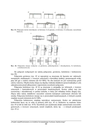 „Projekt współfinansowany ze środków Europejskiego Funduszu Społecznego”
32
Rys. 41. Połączenia rurowe nierozłączne: a) lutowane, b–d) spawane, e) nitowane, f) roztłaczane, uszczelniane
lutem [2].
Rys. 42. Połączenia rurowe rozłączne: a) gwintowe, jednozłączkowe i dwuzłączkowe, b) kielichowe,
c) kołnierzowe [2].
Do połączeń rozłącznych rur naleŜą połączenia: gwintowe, kielichowe i kołnierzowe
(rys. 42).
Połączenia gwintowe (rys. 42 a) najczęściej są stosowane do łączenia rur: stalowych,
mosięŜnych, miedzianych i z tworzyw sztucznych o niewielkiej średnicy, przenoszących wodę,
parę lub gaz o niskim ciśnieniu (do 0,4 MPa). Na obu końcach rur jest wykonywany gwint
calowy walcowy. Obydwa końce skręca się złączką i niekiedy dodatkowo przeciwnakrętką w celu
zabezpieczenia przed odkręceniem i zapewnienia szczelności połączenia.
Połączenia kielichowe (rys. 42 b) są stosowane w przypadku rur Ŝeliwnych, z tworzyw
sztucznych i kamionkowych w przewodach kanalizacyjnych. Koniec jednej rury jest
rozszerzony i ukształtowany w postaci kielicha, w który jest wkładany koniec drugiej rury.
Złącza takie naleŜy dodatkowo uszczelnić sznurem konopnym (zalewanym ołowiem lub
smołą). Połączenia kielichowe stosuje się w przewodach kanalizacyjnych, w których czynnik
znajduje się pod ciśnieniem do 0,2 MPa.
Połączenia kołnierzowe znajdują największe zastosowanie. Końce rur zakończone
kołnierzami łączy się ze sobą za pomocą śrub (rys. 42 c). Kołnierze są osadzane luźno
(rys. 43 a) lub na stałe (rys. 43 b). Szczelność jest uzyskiwana dzięki zastosowaniu uszczelek:
gumowych, z tworzyw sztucznych, metali miękkich, skóry itp. – o róŜnych przekrojach
(rys. 43 c).
 