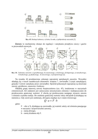 „Projekt współfinansowany ze środków Europejskiego Funduszu Społecznego”
33
Rys. 43. Rodzaje kołnierzy: a) luźne, b) stałe, c) półprzekroje uszczelek [2].
Zawory to mechanizmy słuŜące do regulacji i zamykania przepływu cieczy i gazów
w przewodach rurowych.
Rys. 44. Schematy zaworów: a) grzybkowego, b) zasuwowego, c) kulowego, d) klapowego, e) motylkowego,
f) kurkowego, g) płytkowego, h) tarczowego, i) przeponowego [2].
Na rysunku 44 przedstawiono schematy najczęściej spotykanych zaworów. Wszystkie
składają się z trzech zasadniczych elementów: korpusu 1, zawieradła 2 (część zamykająca),
gniazda 3 (otwór zamykany przez zawieradło). Spośród pokazanych najczęściej są stosowane
zawory: grzybkowe, zasuwowe i kurkowe.
Odrębną grupę stanowią zawory bezpieczeństwa (rys. 45), instalowane w naczyniach
ciśnieniowych. Ich zadaniem jest samoczynne utrzymywanie ciśnienia i niedopuszczanie do
przekroczenia granicznej wartości. Z chwilą jej przekroczenia następuje otwarcie zaworu
i ciśnienie czynnika maleje. Do ustalenia granicznej wartości słuŜy obciąŜnik Q działający na
ramieniu a. Gdy zawór jest zamknięty, dźwignia znajduje się w stanie równowagi:
bFaQ ⋅=⋅
gdzie:
F – siła w N, działająca na zawieradło, jej wartość zaleŜy od ciśnienia panującego
w naczyniu i od powierzchni zaworu),
a – ramię dźwigni,
b – ramię działania siły F.
 