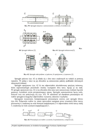 „Projekt współfinansowany ze środków Europejskiego Funduszu Społecznego”
42
Rys. 59. Sprzęgła tulejowe z zastosowaniem: a) klinów, b) kołków [2].
Rys.
60. Sprzęgło łubkowe [2]. Rys. 61. Sprzęgło kołnierzowe[2].
Rys. 62. Sprzęgła stałe podatne: a) palcowe, b) spręŜynowe, c) oponowe [2].
Sprzęgło palcowe (rys. 62 a) składa się z dwu tarcz osadzonych na wałach za pomocą
wpustów. W jednej z tarcz na jej obwodzie są umieszczone pakiety podkładek skórzanych
skręconych śrubami.
Sprzęgło spręŜynowe (rys. 62 b) ma odpowiednio ukształtowaną spręŜynę taśmową,
która naprzemianlegle przechodzi miedzy występami dwu tarcz, łącząc je na stałe.
W sprzęgle oponowym (rys. 62 c) na obwodzie dwu tarcz jest zamocowany śrubami łącznik
gumowy, kształtem swym przypominający oponę. Sprzęgła samonastawne łączą wały,
których osie nie pokrywają się (rys. 63). W zaleŜności od charakteru przesunięcia osi
wałów sprzęgła te mogą być odpowiednio: wysuwne, odsuwne i wychylne.
Sprzęgiem wysuwnym, kompensującym przesunięcia osiowe, jest sprzęgło kłowe
(rys. 64). Połączenie wałów (w stanie spoczynku) następuje przez wsunięcie kłów tarczy
przesuwnej 4, osadzonej na wale biernym (napędzanym) 2 w odpowiednie rowki tarczy stałej
3, osadzonej na wale czynnym (napędzającym) 1.
Rys. 63. Przesunięcia osi wałów: a) osiowe, b) promieniowe, c) kątowe [2].
 