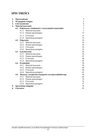 „Projekt współfinansowany ze środków Europejskiego Funduszu Społecznego”
2
SPIS TREŚCI
1. Wprowadzenie 3
2. Wymagania wstępne 5
3. Cele kształcenia 6
4. Materiał nauczania 7
4.1. Podstawowe wiadomości z wytrzymałości materiałów 7
4.1.1. Materiał nauczania 7
4.1.2. Pytania sprawdzające 13
4.1.3. Ćwiczenia 14
4.1.4. Sprawdzian postępów 15
4.2. Połączenia 16
4.2.1. Materiał nauczania 16
4.2.2. Pytania sprawdzające 34
4.2.3. Ćwiczenia 34
4.2.4. Sprawdzian postępów 35
4.3. ŁoŜyskowanie 36
4.3.1. Materiał nauczania 36
4.3.2. Pytania sprawdzające 47
4.3.3. Ćwiczenia 48
4.3.4. Sprawdzian postępów 49
4.4. Przekładnie 50
4.4.1. Materiał nauczania 50
4.4.2. Pytania sprawdzające 60
4.4.3. Ćwiczenia 60
4.4.4. Sprawdzian postępów 63
4.5. Maszyny i urządzenia transportu wewnątrzzakładowego 64
4.5.1. Materiał nauczania 64
4.5.2. Pytania sprawdzające 76
4.5.3. Ćwiczenia 76
4.5.4. Sprawdzian postępów 77
5. Sprawdzian osiągnięć 78
6. Literatura 82
 