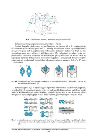 „Projekt współfinansowany ze środków Europejskiego Funduszu Społecznego”
53
Rys. 79. Podstawowe parametry koła łańcuchowego (zębatego) [2].
Łańcuchy dzielimy na: pierścieniowe, drabinkowe i zębate.
Ogniwa łańcucha pierścieniowego przedstawiono na rysunku 80 a, b, a odpowiednio
ukształtowane wieńce kół na rysunku 80 c. Łańcuchy pierścieniowe stosuje się w urządzeniach
dźwigowych przy małych prędkościach podnoszenia. Łańcuchy drabinkowe dzieli się na:
sworzniowe, panwiowe, tulejowe i widełkowe (rys. 82). Najbardziej obciąŜane mogą być
przekładnie z łańcuchem tulejowym lub widełkowym, gdyŜ powierzchnie ich styku z kołem są
największe. Łańcuchy drabinkowe są stosowane w napędach i urządzeniach dźwigowych przy
maksymalnych prędkościach odpowiednio dla poszczególnych rodzajów: 0,4 m/s, 0,9 m/s,
15 m/s, 0,5 m/s.
Rys. 80. Ogniwa łańcuchów pierścieniowych: a) krótkie, b) długie pierścieniowych c)wieńce kół i krąŜków do
łańcuchów pierścieniowych [2].
Łańcuchy zębate (rys. 81 e) składają się z pakietów odpowiednio ukształtowanych płytek,
w środku których znajdują się często płytki prowadzące. Płytki prowadzące wchodzą w rowki
wieńców kół łańcuchowych, uniemoŜliwiając zsunięcie się łańcucha z koła. Łańcuchy zębate
stosuje się w napędach przy prędkości do 8 m/s oraz tam, gdzie wymagana jest cicha praca.
Rys. 81. Łańcuchy drabinkowe: a) sworzniowy, b) panwiowy, c) tulejowy, d) widełkowy, e) łańcuch zębaty;
1) sworzeń, 2) panew, 3) płytka zewnętrzna, 4) płytka wewnętrzna, 5) tulejka, 7) otworek smarowy
[2].
 