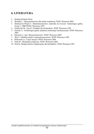 „Projekt współfinansowany ze środków Europejskiego Funduszu Społecznego”
82
6. LITERATURA
1. Katalog Polskich Norm
2. BoŜenko L.: Maszynoznawstwo dla szkoły zasadniczej. WSiP, Warszawa 2004
3. Dretkiewicz-Więch J.: Materiałoznawstwo: materiały do ćwiczeń. Technologia ogólna.
Zeszyt 1. OBR PNiSS, Warszawa 1993
4. Godlewski M., Tym Z.: Poradnik dla mechaników. WSiP, Warszawa 1991
5. Górecki A.: Technologia ogólna: podstawy technologii mechanicznych. WSiP, Warszawa
2005
6. Kijewski J. i inni: Maszynoznawstwo. WSiP, Warszawa 2005
7. Mac S.: Obróbka metali z materiałoznawstwem. WSiP, Warszawa 1992
8. Rutkowski A.: Części maszyn. WSiP, Warszawa 2004
9. Siuta W.: Mechanika techniczna. WSiP, Warszawa 2004
10. Swat K.: Bezpieczeństwo i higiena pracy dla mechaników. WSiP, Warszawa 1992
 