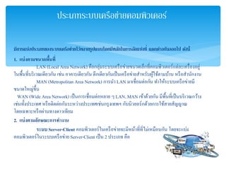 ???????????????????????????????????????????????????????????????????? ??????????????? ??????
1. ??????????????????
LAN (Local Area Network) ???????????????????????????????????????????????????????????
??????????????????????? ???? ????????????? ??????????????????????????????????????????? ????????????
MAN (Metropolitan Area Network) ????? LAN ?????????????? ????????????????????
????????????
WAN (Wide Area Network) ???????????????????? ? LAN, MAN ??????????? ????????????????????????
?????????????? ?????????????????????????????????????? ??????????????????????????????
???????????????????????????
2. ?????????????????????
???? Server-Client ???????????????????????????????????????????????? ?????????
?????????????????????????? Server-Client ???? 2 ?????? ???
??????????????????????????????
 