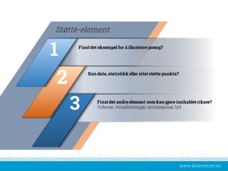 www.iktsenteret.no
Finstdet eksempel for å illustrere poeng?
Kan data,statistikk ellersitatstøtte punkta?
Finstdet andreelement somkan gjere innhaldetrikare?
Videoar, visualiseringar, animasjonar, lyd
Støtte-element
3
2
1
 