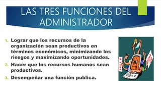 1. Lograr que los recursos de la
organización sean productivos en
términos económicos, minimizando los
riesgos y maximizando oportunidades.
2. Hacer que los recursos humanos sean
productivos.
3. Desempeñar una función publica.
 
