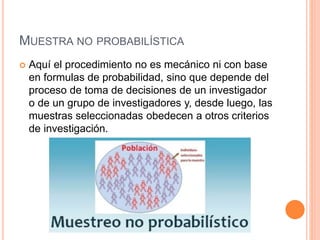 MUESTRA NO PROBABILÍSTICA
 Aquí el procedimiento no es mecánico ni con base
en formulas de probabilidad, sino que depende del
proceso de toma de decisiones de un investigador
o de un grupo de investigadores y, desde luego, las
muestras seleccionadas obedecen a otros criterios
de investigación.
 