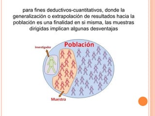 para fines deductivos-cuantitativos, donde la
generalización o extrapolación de resultados hacia la
población es una finalidad en si misma, las muestras
dirigidas implican algunas desventajas
 