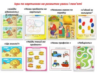 Ігри по картинках на розвиток уваги і пам’яті
«знайди
відмінність»
(5 отличий)
«Назви предмети на
картинці»
«з’єднай за
кольором”
«Найди такий же
предмет»
«Лабирінти»«Що зникло?» «Назви професію »
«Назвиови героев по
порядку
»
 