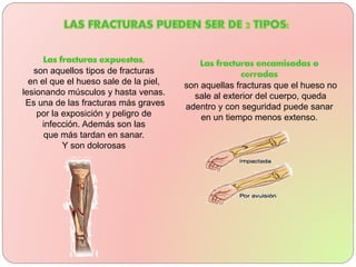 son aquellos tipos de fracturas
en el que el hueso sale de la piel,
lesionando músculos y hasta venas.
Es una de las fracturas más graves
por la exposición y peligro de
infección. Además son las
que más tardan en sanar.
Y son dolorosas
son aquellas fracturas que el hueso no
sale al exterior del cuerpo, queda
adentro y con seguridad puede sanar
en un tiempo menos extenso.
 