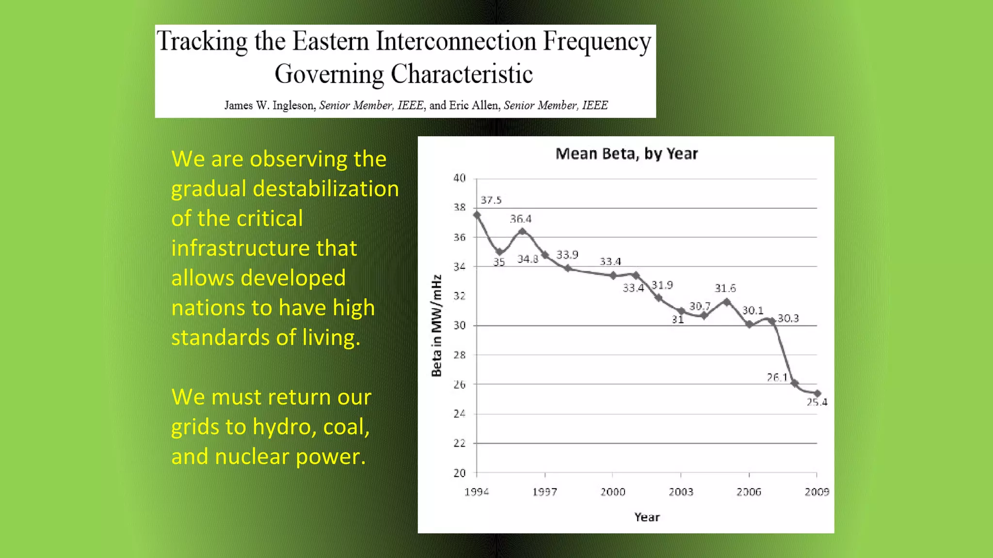 We are observing the
gradual destabilization
of the critical
infrastructure that
allows developed
nations to have high
standards of living.
We must return our
grids to hydro, coal,
and nuclear power.
 