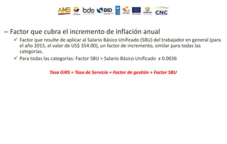 – Factor que cubra el incremento de inflación anual
 Factor que resulte de aplicar al Salario Básico Unificado (SBU) del trabajador en general (para
el año 2015, el valor de US$ 354.00), un factor de incremento, similar para todas las
categorías.
 Para todas las categorías: Factor SBU = Salario Básico Unificado x 0.0036
Tasa GIRS = Tasa de Servicio + Factor de gestión + Factor SBU
 