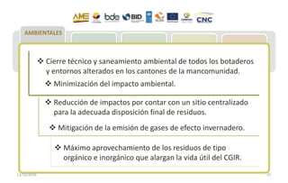 MAE: Acuerdo
020 – REP
MCE: Resolución
009 –
Importaciones
neumáticos
MSP: Plan
Movilización
221 Municipios:
Acopio de NFU
Entrega de NFU
para reciclje
77 empresas
implementan
Plan de Gestión
Integral de NFU
Recuperación y
entrega a
gestores
Reencauche
(60 % meta)
Reciclaje
(40% meta)
Aplicación:
Césped, pisos,
canchas atléticas,
accesorios
vehículos, polvo
de caucho en
industria vial
AMBIENTALES
 Cierre técnico y saneamiento ambiental de todos los botaderos
y entornos alterados en los cantones de la mancomunidad.
 Reducción de impactos por contar con un sitio centralizado
para la adecuada disposición final de residuos.
 Máximo aprovechamiento de los residuos de tipo
orgánico e inorgánico que alargan la vida útil del CGIR.
 Mitigación de la emisión de gases de efecto invernadero.
 Minimización del impacto ambiental.
13/10/2016 41
 