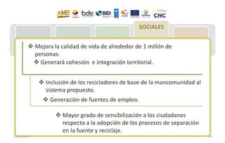 MAE: Acuerdo
020 – REP
MCE: Resolución
009 –
Importaciones
neumáticos
MSP: Plan
Movilización
221 Municipios:
Acopio de NFU
Entrega de NFU
para reciclje
77 empresas
implementan
Plan de Gestión
Integral de NFU
Recuperación y
entrega a
gestores
Reencauche
(60 % meta)
Reciclaje
(40% meta)
Aplicación:
Césped, pisos,
canchas atléticas,
accesorios
vehículos, polvo
de caucho en
industria vial
SOCIALES
 Mejora la calidad de vida de alrededor de 1 millón de
personas.
 Inclusión de los recicladores de base de la mancomunidad al
sistema propuesto.
 Generará cohesión e integración territorial.
 Generación de fuentes de empleo.
 Mayor grado de sensibilización a los ciudadanos
respecto a la adopción de los procesos de separación
en la fuente y reciclaje.
13/10/2016 44
 