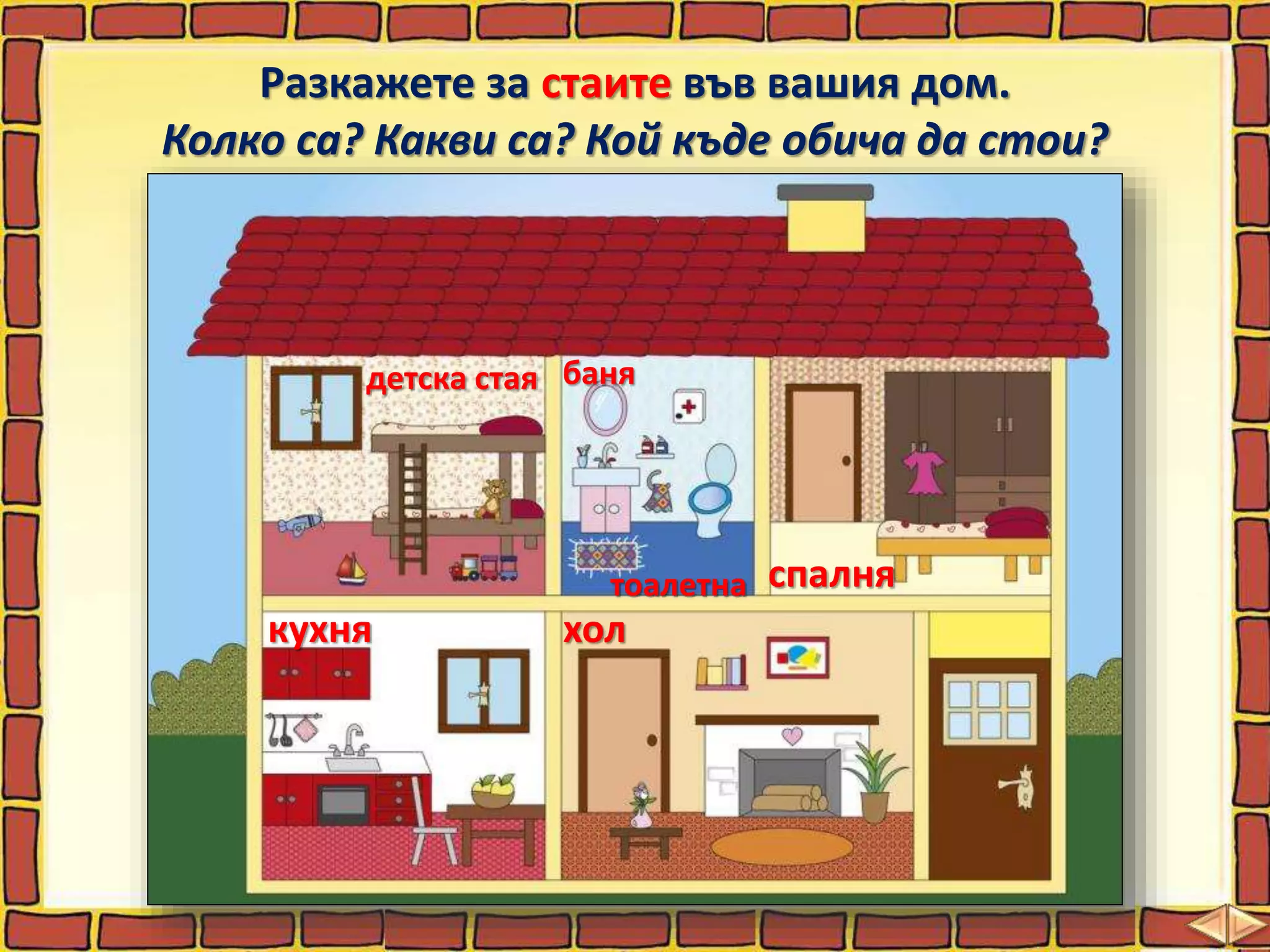 Разкажете за стаите във вашия дом.
Колко са? Какви са? Кой къде обича да стои?
кухня хол
детска стая баня
тоалетна спалня
 